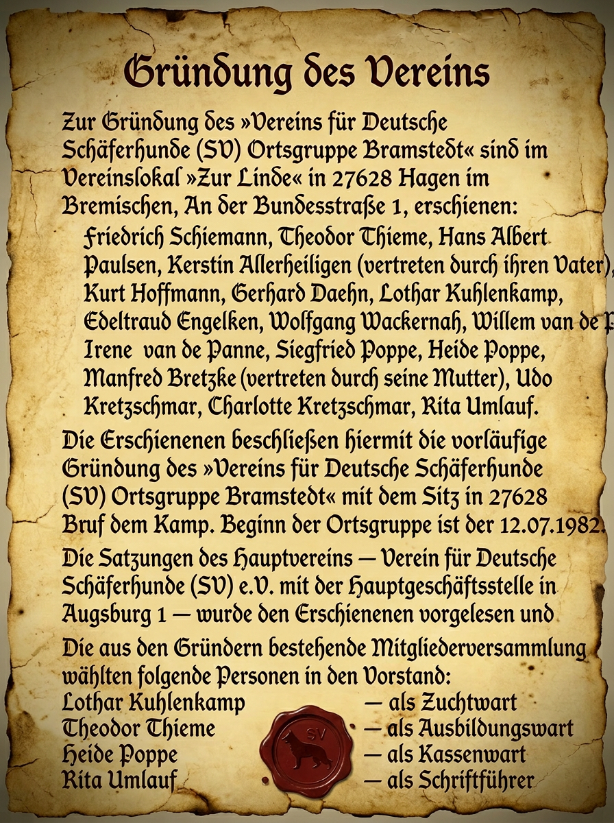 Gr&uuml;ndungsurkunde SV OG Bramstedt von 1982